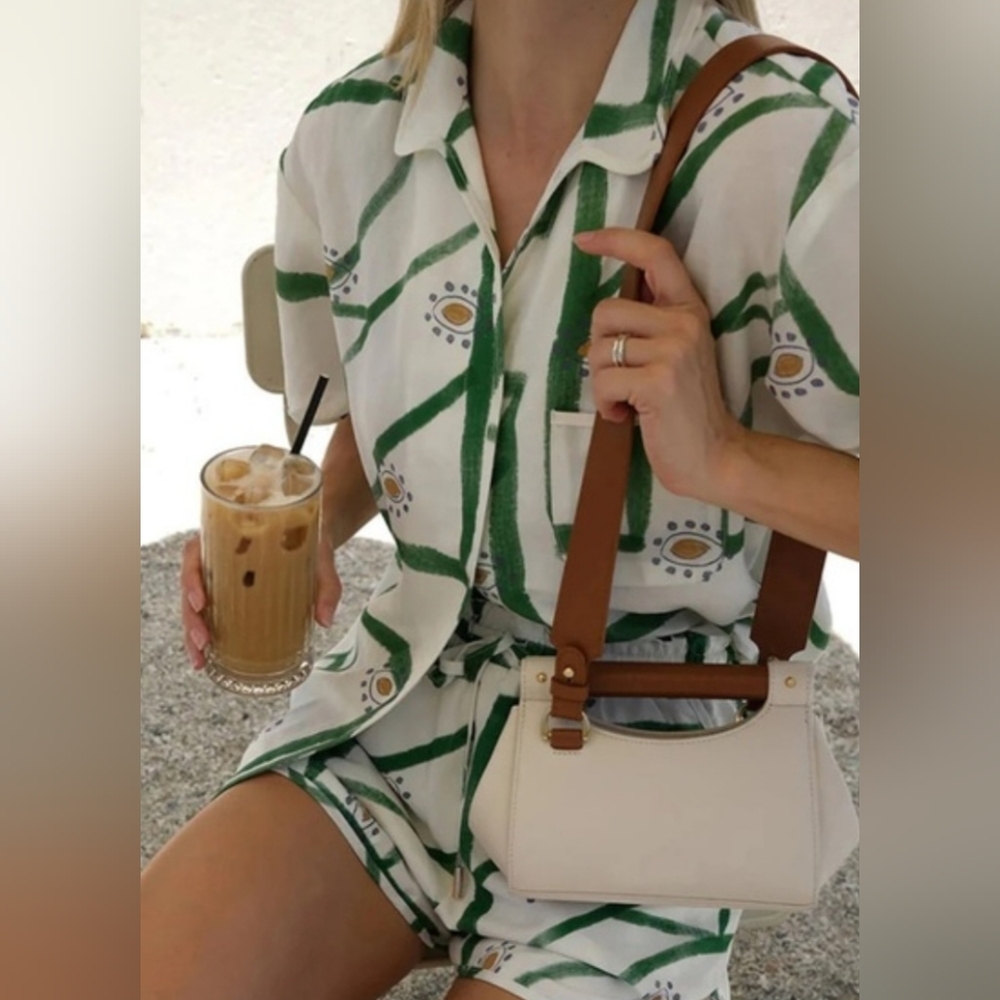COMMENSE Green and White Patterned Shirt and Shorts Set